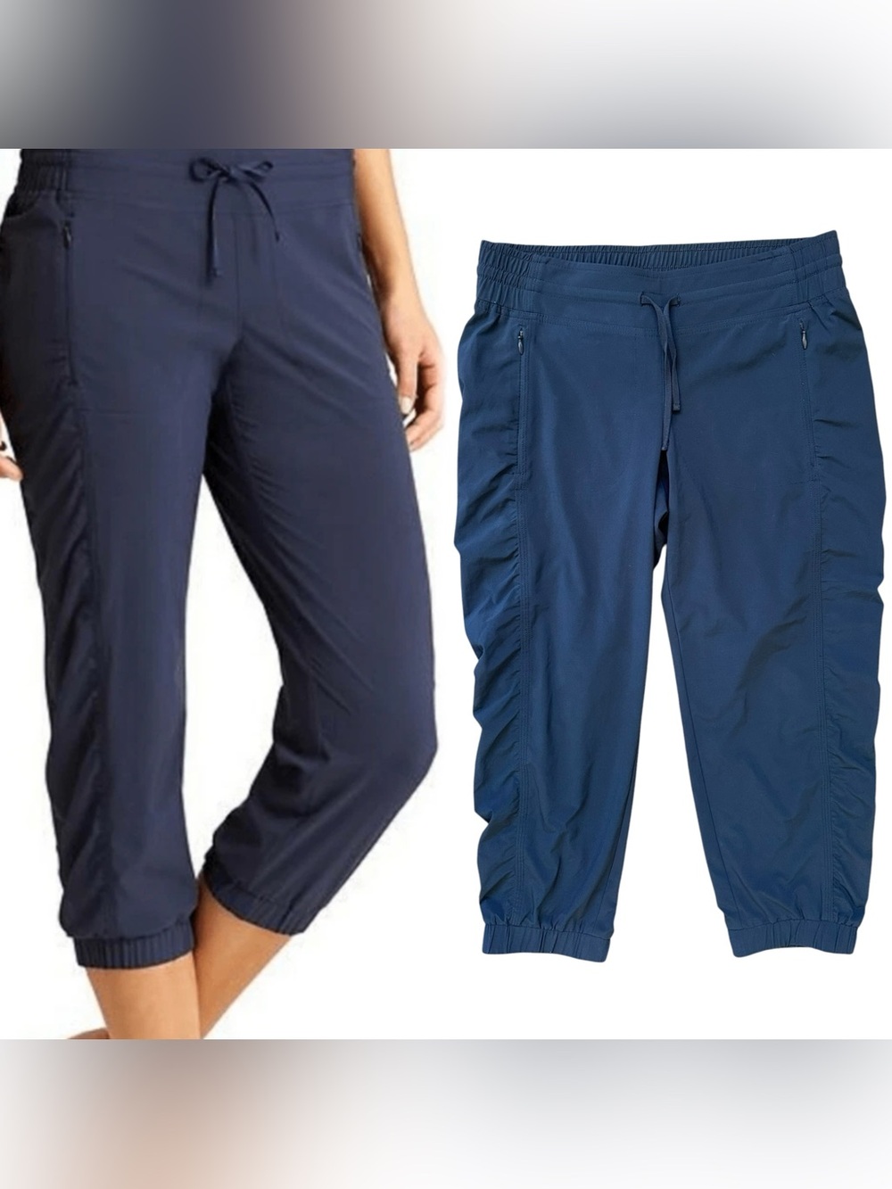 Athleta La Viva Navy Blue Ruched Sides Cropped Mid Rise Drawstring Pants Size 2